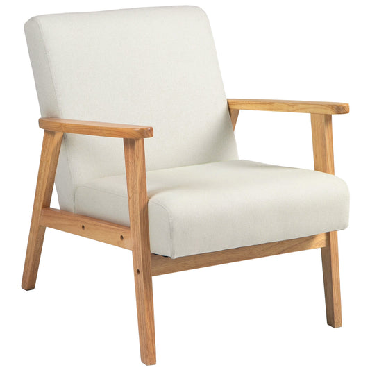 Fabric Accent Chair for Living Room, Arm Chair with Rubber Wood Frame and Padded Cushion, Cream White-0