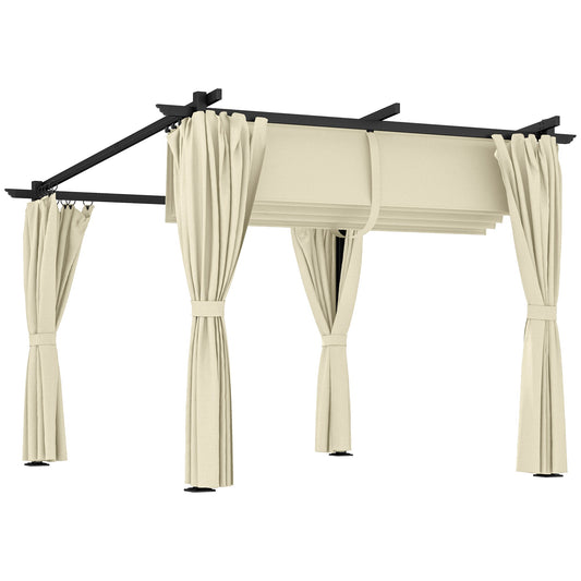 3 x 3 Metre Retractable Roof Pergola with Curtains - Beige-0