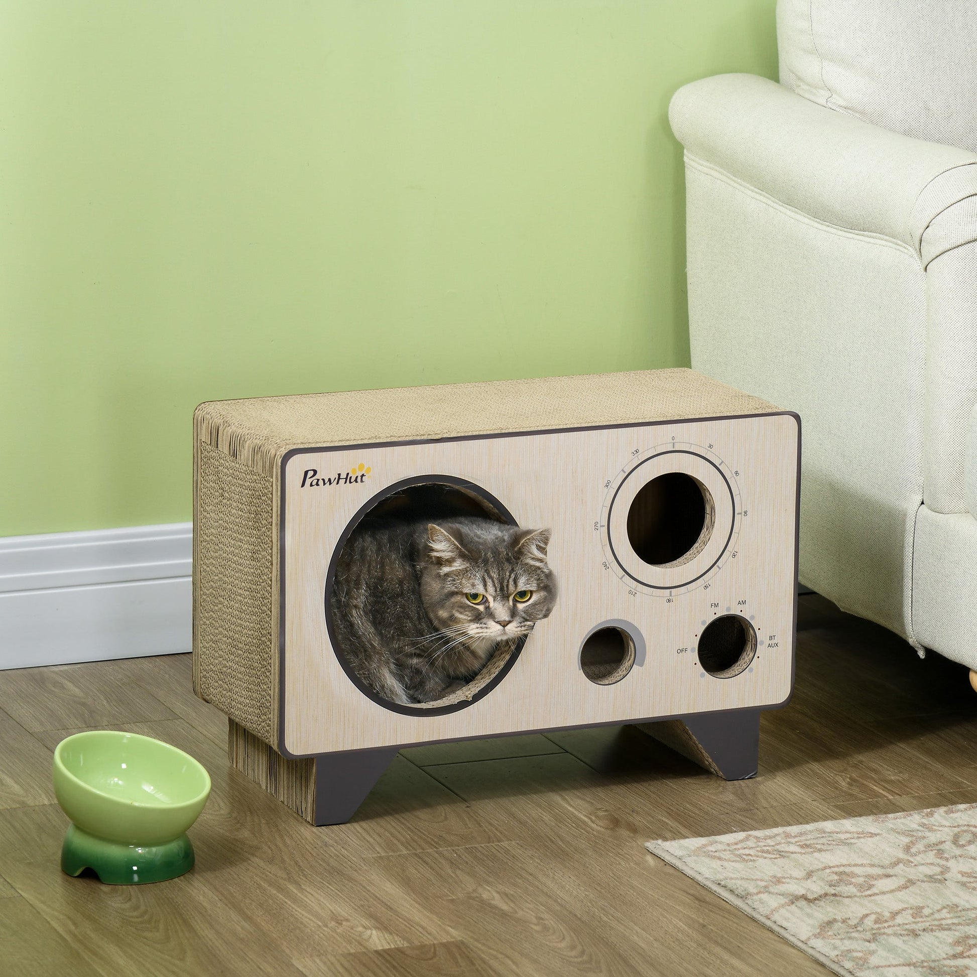 2 in 1 Cat Scratcher, Radio Shape Cat House with Catnip, 57 x 24.5 x 39cm, Natural Wood Finish-1