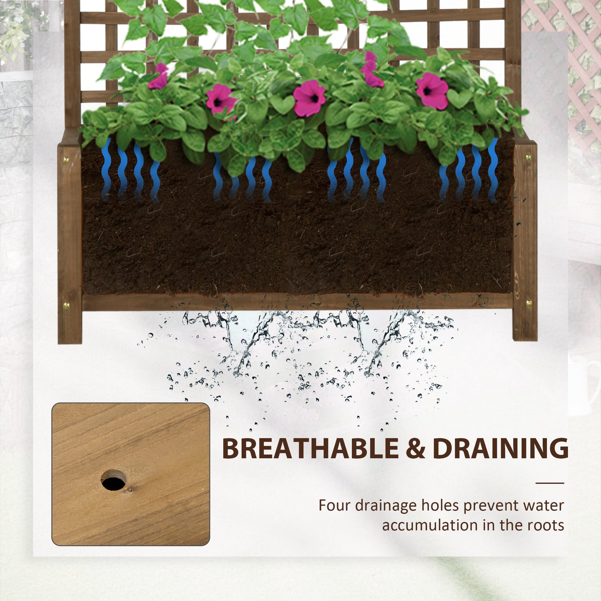Set of 2 Raised Wood Planters with Trellis and Drainage Holes - Brown-4