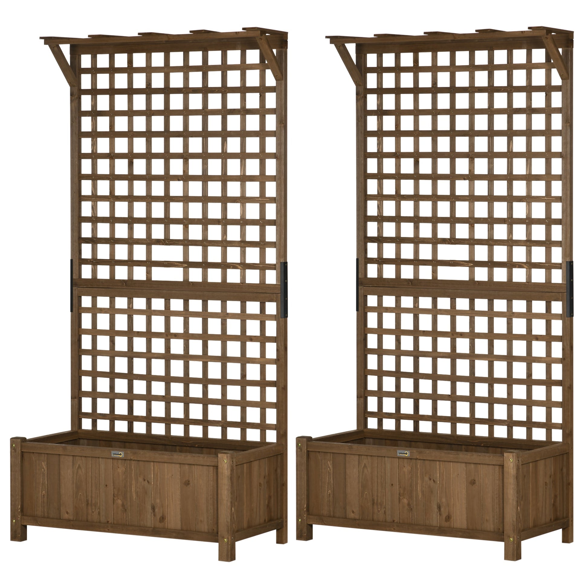 Set of 2 Raised Wood Planters with Trellis and Drainage Holes - Brown-0
