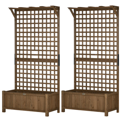Set of 2 Raised Wood Planters with Trellis and Drainage Holes - Brown-0