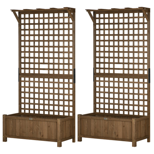 Set of 2 Raised Wood Planters with Trellis and Drainage Holes - Brown-0