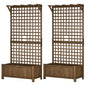 Set of 2 Raised Wood Planters with Trellis and Drainage Holes - Brown-0