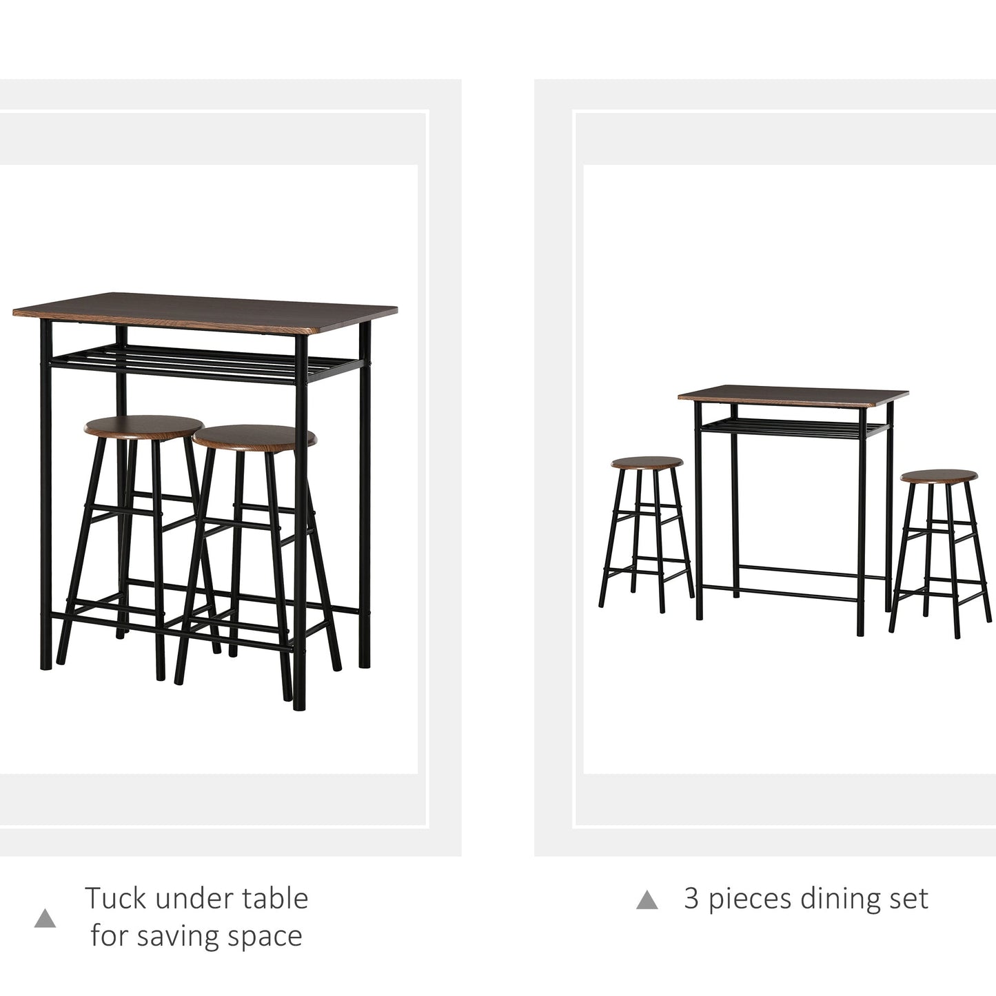Bar Table Set, Bar Set-1 Bar Table and 2 Stools with Metal Frame Footrest and Storage Shelf, for Kitchen, Dining Room, Pub, Cafe, Black and Oak-3