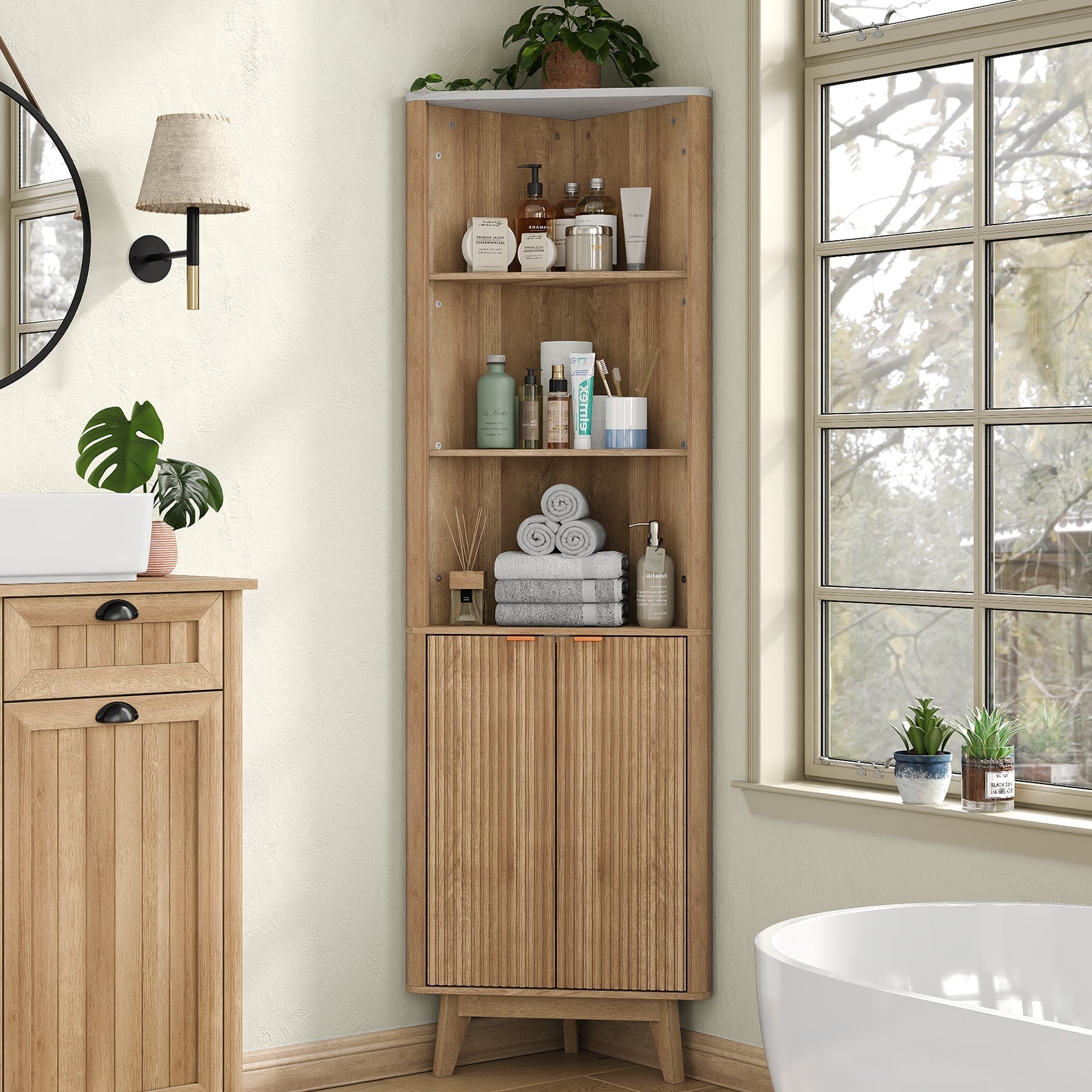 Yanosaku SC008 Tall Corner Cabinet for Bathroom, Fluted 6-Tier Storage Unit-0